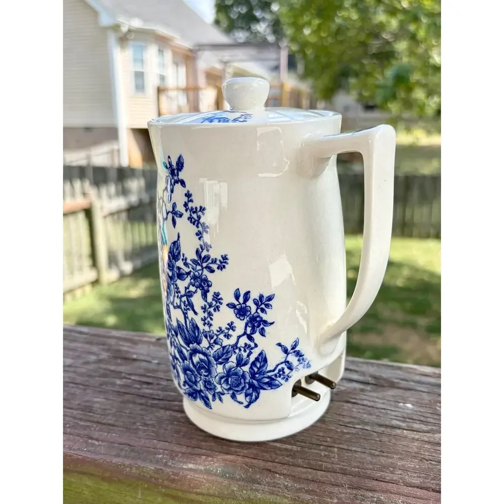 Vintage Circle M Japan Ceramic Electric Teapot Kettle Blue Floral NO CORD